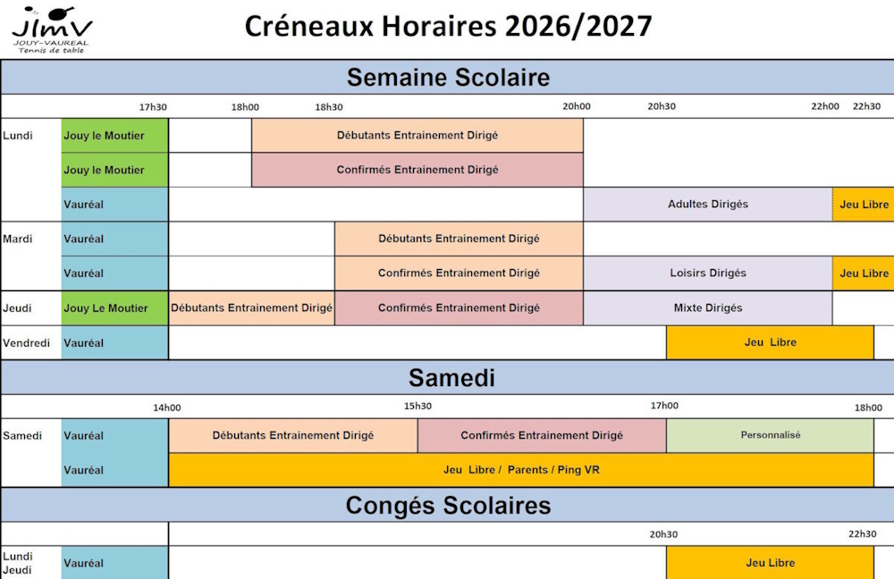 Créneaux horaires 2026/2027